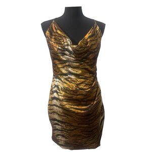 Satin Tiger Print Retro Y2K McBling Indie Sleaze Mob Wife Cowl Neck Mini Dress M
